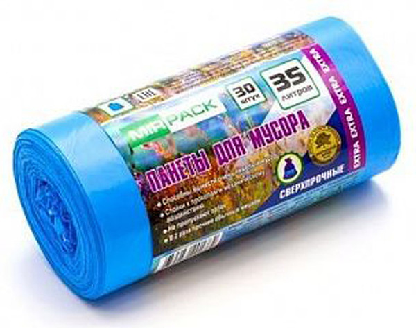 Изображение товара Пакеты для мусора Mirpack Extra 35л 12мкм / 9111139 (30шт, синий)