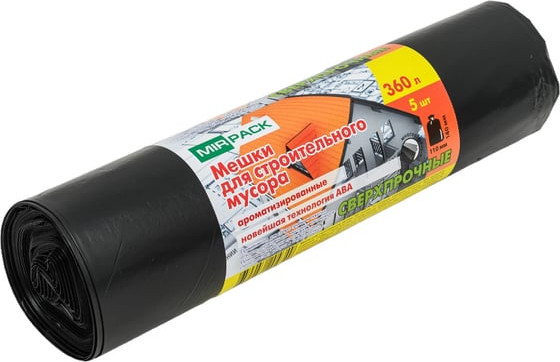 Изображение товара Пакеты для мусора Mirpack Стройка 360л 65мкм / 9054978 (5шт, черный)