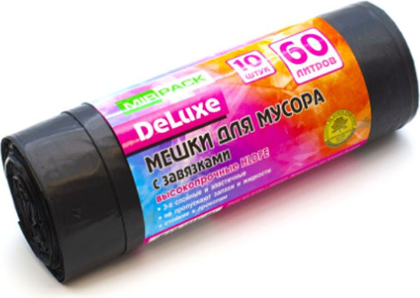 Изображение товара Пакеты для мусора Mirpack Deluxe 60л 35мкм / 9028285 (10шт, черный)