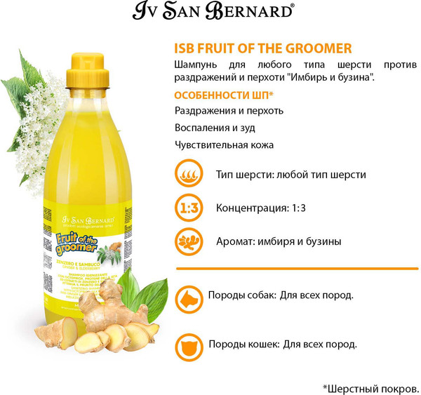 Изображение товара Шампунь для животных Iv San Bernard Fruit of the Groomer Ginger&Elderbery против раздражений (1л)