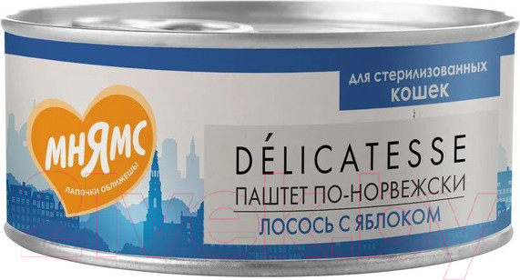 Изображение товара Влажный корм для кошек Мнямс Лосось с яблоком для стерил-х Паштет по-норвежски / 176694 (100мл)