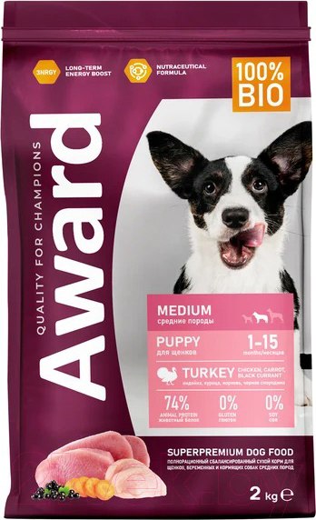 Изображение товара Сухой корм для собак Award Puppy Medium с индейкой и курицей / 7173327 (2кг)