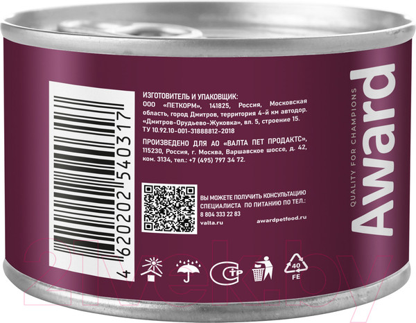 Изображение товара Влажный корм для собак Award Puppy Small Паштет из индейки с грушей / 2540317 (200г)