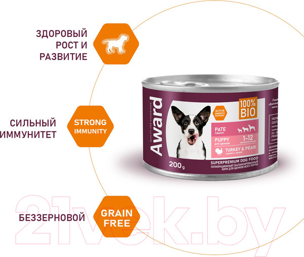 Изображение товара Влажный корм для собак Award Puppy Small Паштет из индейки с грушей / 2540317 (200г)