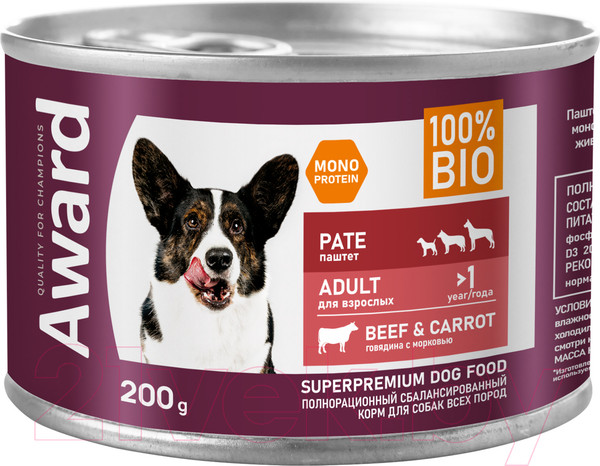 Изображение товара Влажный корм для собак Award Паштет из говядины с морковью / 2540331 (200г)