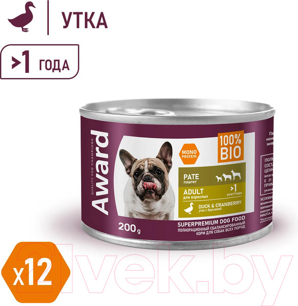 Изображение товара Влажный корм для собак Award Паштет из утки с брусникой / 2540348 (200г)