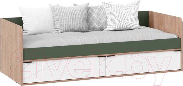 Изображение товара Кровать-тахта ТриЯ Лео с ящиками 85x200 (гикори джексон/белый матовый/дымчатый зеленый)