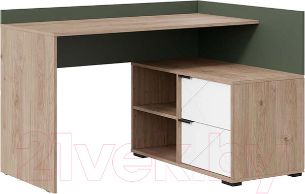 Изображение товара Письменный стол ТриЯ Лео угловой (гикори джексон/белый матовый/дымчатый зеленый)