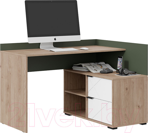 Изображение товара Письменный стол ТриЯ Лео угловой (гикори джексон/белый матовый/дымчатый зеленый)