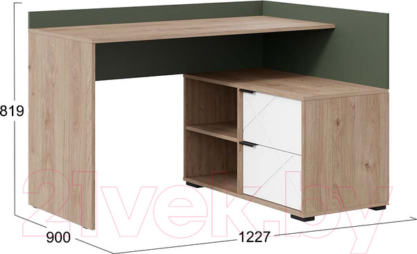 Изображение товара Письменный стол ТриЯ Лео угловой (гикори джексон/белый матовый/дымчатый зеленый)
