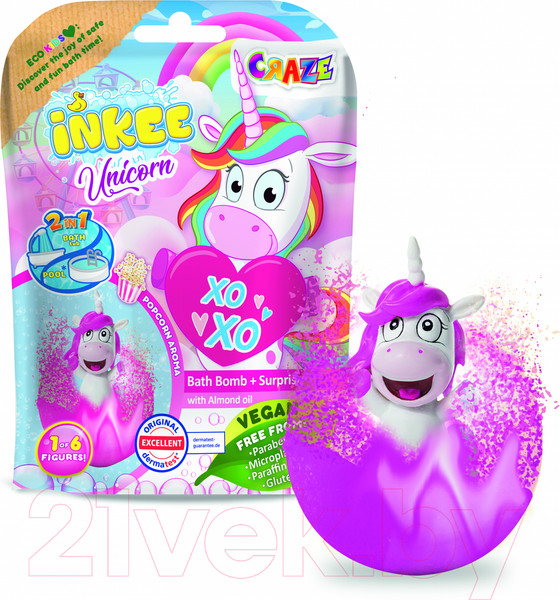 Изображение товара Бомбочка для ванны Craze Inkee С игрушкой Единорог С ароматом попкорна / 18378 (розовый/фиолетовый)