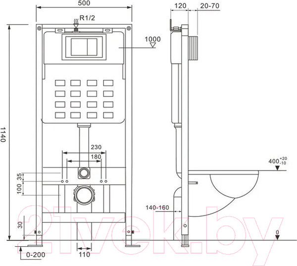 Изображение товара Унитаз подвесной с инсталляцией Abber Bequem AC1100MB-AC0105-AC0121MB (с кнопкой смыва)