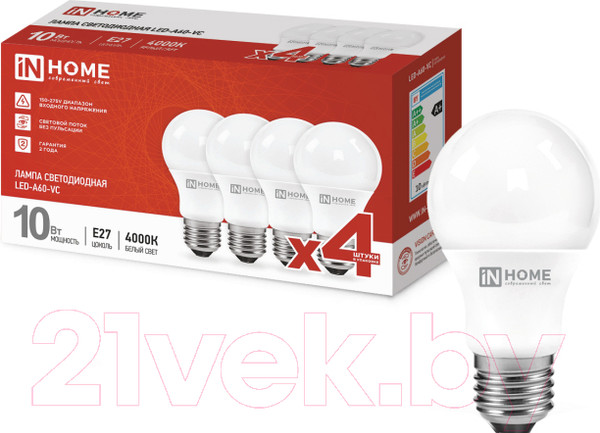 Изображение товара Лампа INhome LED-A60-VC 10Вт 230В Е27 4000К 950Лм / 4690612047645 (4шт)