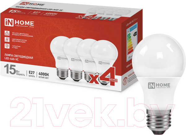 Изображение товара Лампа INhome LED-A60-VC 15Вт 230В Е27 4000К 1430Лм / 4690612047683 (4шт)