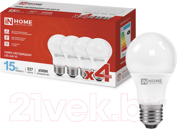 Изображение товара Лампа INhome LED-A60-VC 15Вт 230В Е27 6500К 1430Лм / 4690612047690 (4шт)
