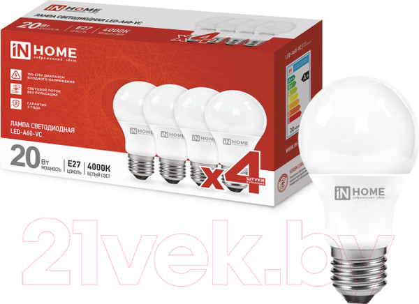 Изображение товара Лампа INhome LED-A60-VC 20Вт 230В Е27 4000К 1900Лм / 4690612047706 (4шт)