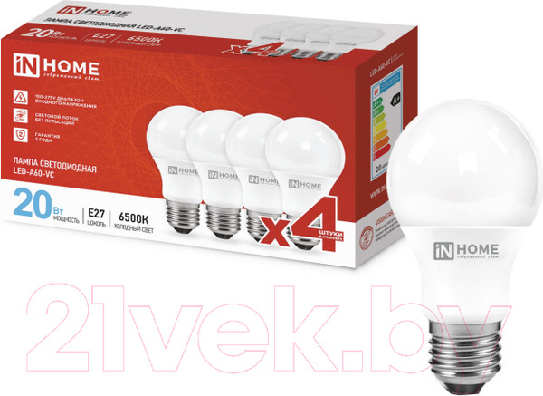 Изображение товара Лампа INhome LED-A60-VC 20Вт 230В Е27 6500К 1900Лм / 4690612047713 (4шт)