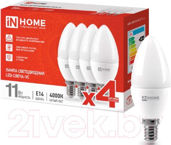 Лампа INhome LED-СВЕЧА-VC 11Вт 230В Е14 4000К 1050Лм / 4690612047799 (4шт)