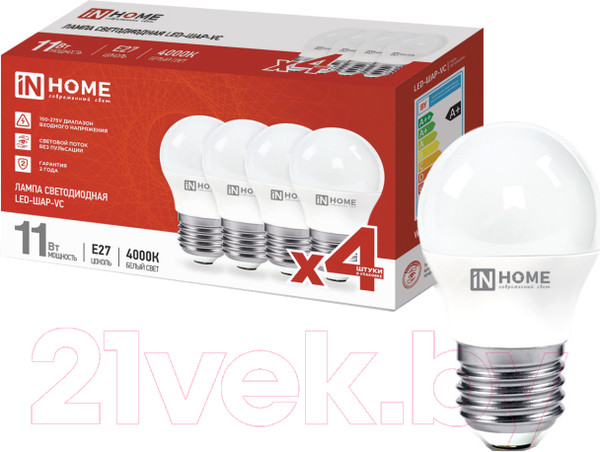 Изображение товара Лампа INhome LED-ШАР-VC 11Вт 230В Е27 4000К 1050Лм / 4690612047881 (4шт)