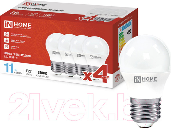 Изображение товара Лампа INhome LED-ШАР-VC 11Вт 230В Е27 6500К 1050Лм / 4690612047898 (4шт)