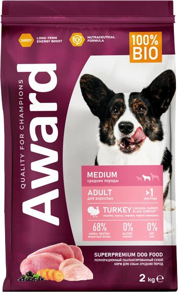 Изображение товара Сухой корм для собак Award Adult Medium с индейкой и курицей с доб. моркови и смородины (2кг)