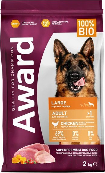 Изображение товара Сухой корм для собак Award Adult Large с курицей и индейкой с доб. тыквы и шиповника (2кг)
