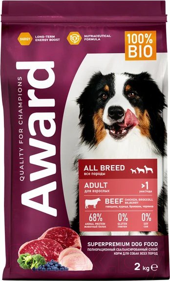 Изображение товара Сухой корм для собак Award Adult All Breed с говядиной и курицей с доб. брокколи и черники (2кг)