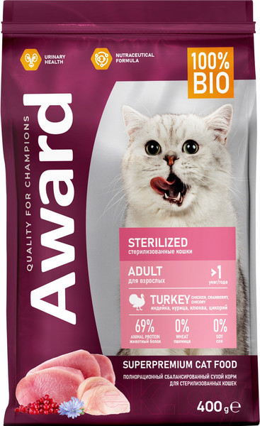 Изображение товара Сухой корм для кошек Award Sterilized с индейкой и курицей с добавлением клюквы и цикория (400г)
