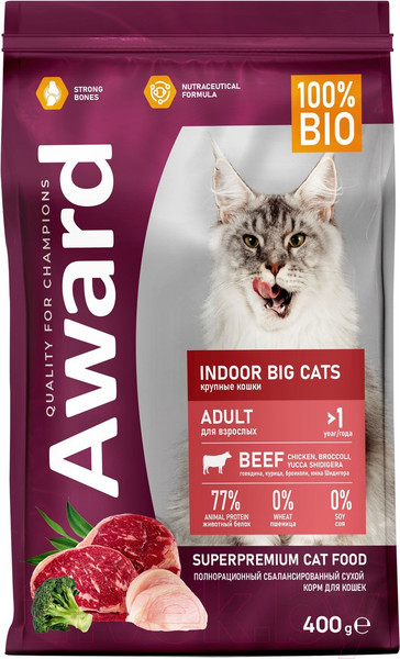 Изображение товара Сухой корм для кошек Award Indoor Big Cats с говядиной и курицей с доб. брокколи / 7173693 (400г)