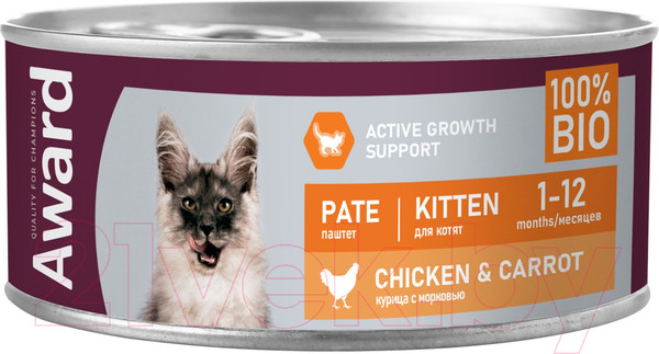 Изображение товара Влажный корм для кошек Award Kitten Паштет из курицы с морковью / 2540447 (100г)