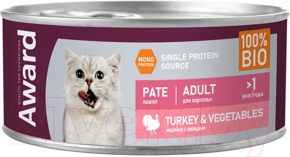 Изображение товара Влажный корм для кошек Award Паштет из индейки с овощами / 2540454 (100г)