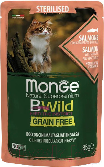 Изображение товара Влажный корм для кошек Monge BWild Grain Free из лосося с креветками и овощами (пауч, 85г)