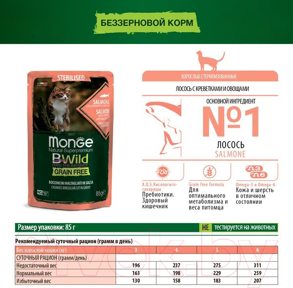 Изображение товара Влажный корм для кошек Monge BWild Grain Free из лосося с креветками и овощами (пауч, 85г)