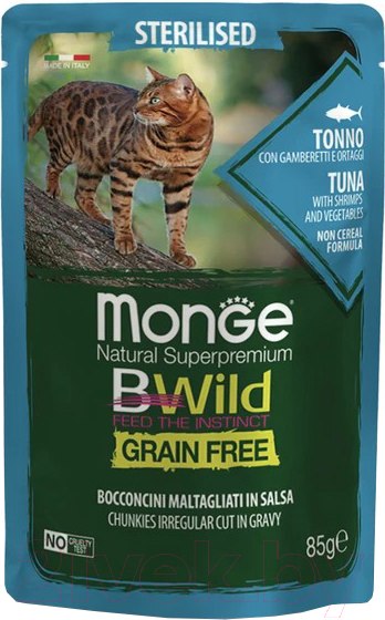 Изображение товара Влажный корм для кошек Monge BWild Grain Free из тунца с креветками и овощами (пауч, 85г)