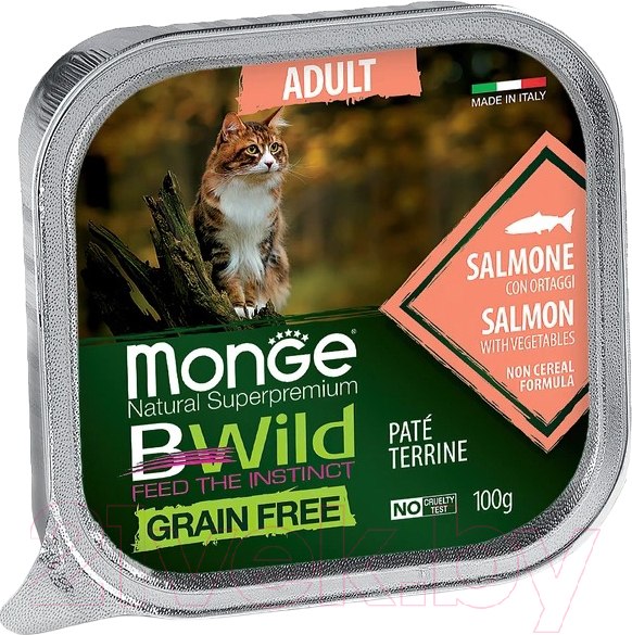 Изображение товара Влажный корм для кошек Monge BWild Grain Free из лосося с овощами, ламистер (100г)