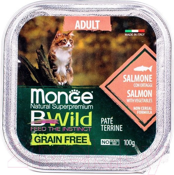 Изображение товара Влажный корм для кошек Monge BWild Grain Free из лосося с овощами, ламистер (100г)