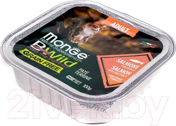 Изображение товара Влажный корм для кошек Monge BWild Grain Free из лосося с овощами, ламистер (100г)