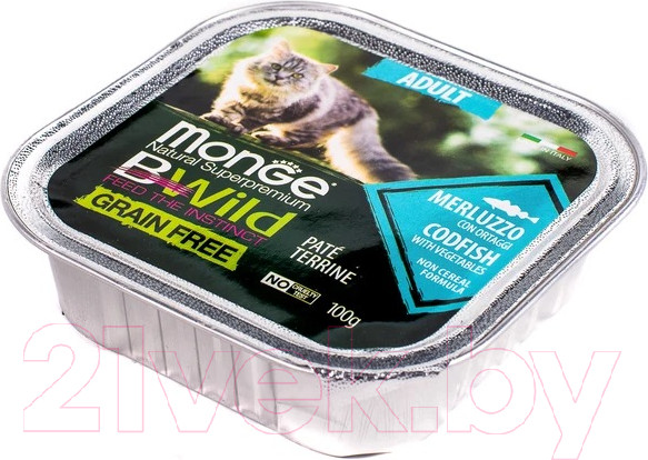 Изображение товара Влажный корм для кошек Monge BWild Grain Free из трески с овощами, ламистер (100г)
