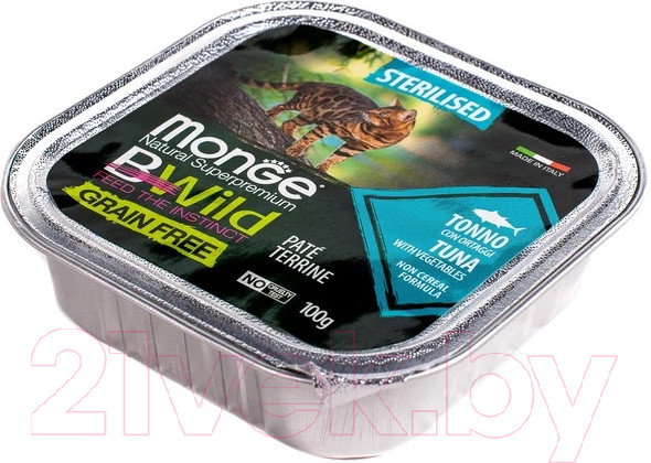 Изображение товара Влажный корм для кошек Monge BWild Grain Free из тунца с овощами, ламистер (100г)