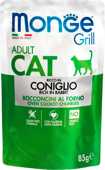 Изображение товара Влажный корм для кошек Monge Grill из кролика, пауч (85г)