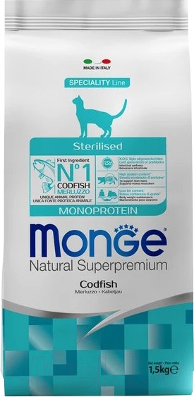 Изображение товара Сухой корм для кошек Monge Speciality Line Monoprotein Sterilised с треской (1.5кг)