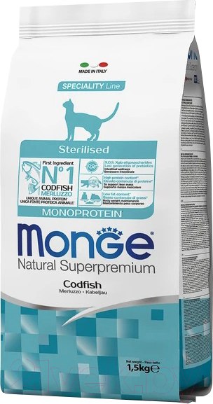 Изображение товара Сухой корм для кошек Monge Speciality Line Monoprotein Sterilised с треской (1.5кг)