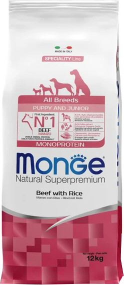 Изображение товара Сухой корм для собак Monge Speciality Line Monoprotein Puppy&Junior с говядиной и рисом (12кг)