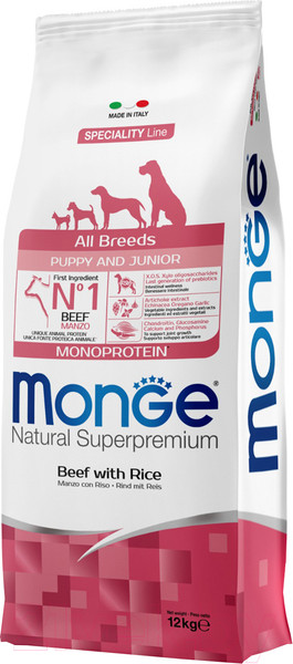 Изображение товара Сухой корм для собак Monge Speciality Line Monoprotein Puppy&Junior с говядиной и рисом (12кг)