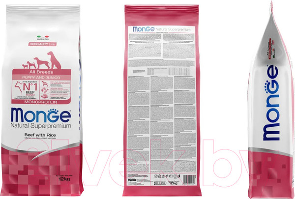 Изображение товара Сухой корм для собак Monge Speciality Line Monoprotein Puppy&Junior с говядиной и рисом (12кг)
