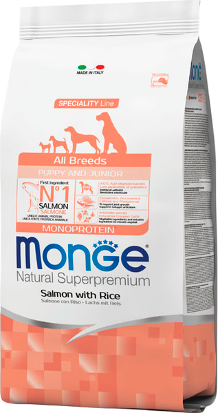Изображение товара Сухой корм для собак Monge Speciality Line Monoprotein Puppy&Junior Salmon&Rice (12кг)