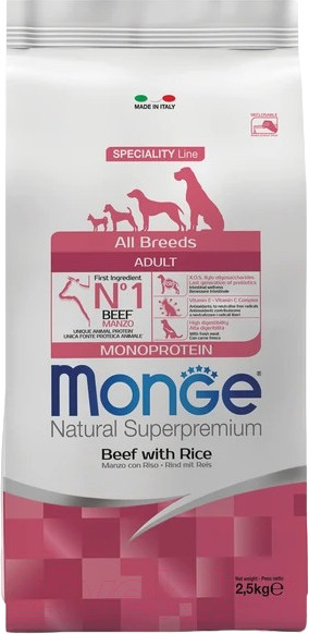 Изображение товара Сухой корм для собак Monge Speciality Line Monoprotein с говядиной и рисом (2.5кг)