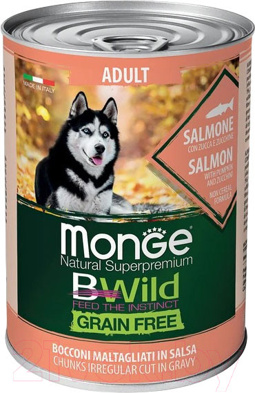 Изображение товара Влажный корм для собак Monge BWild Grain Free с лососем, тыквой и кабачками (400г)