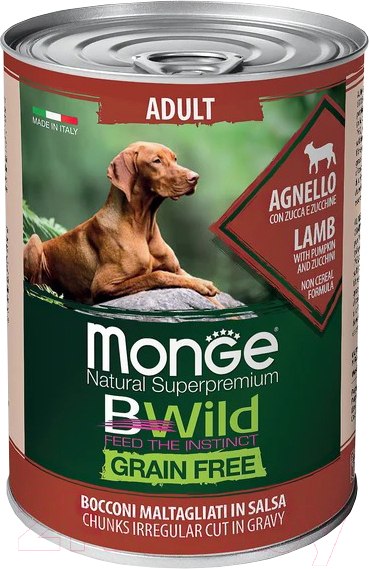 Изображение товара Влажный корм для собак Monge BWild Grain Free с ягненком, тыквой и кабачками (400г)