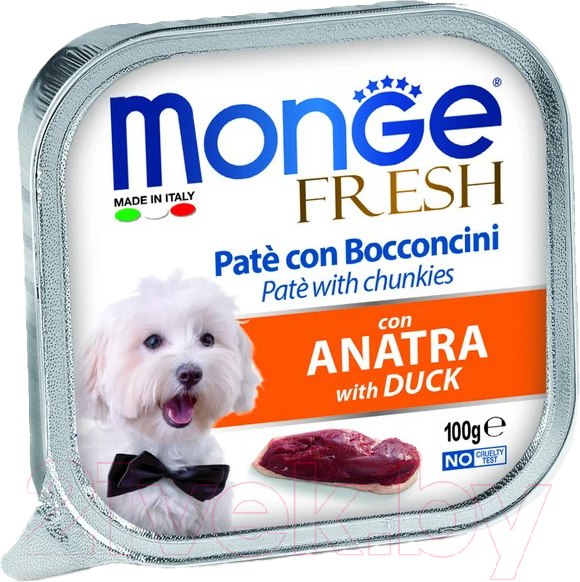 Изображение товара Влажный корм для собак Monge Fresh с уткой, ламистер (100г)